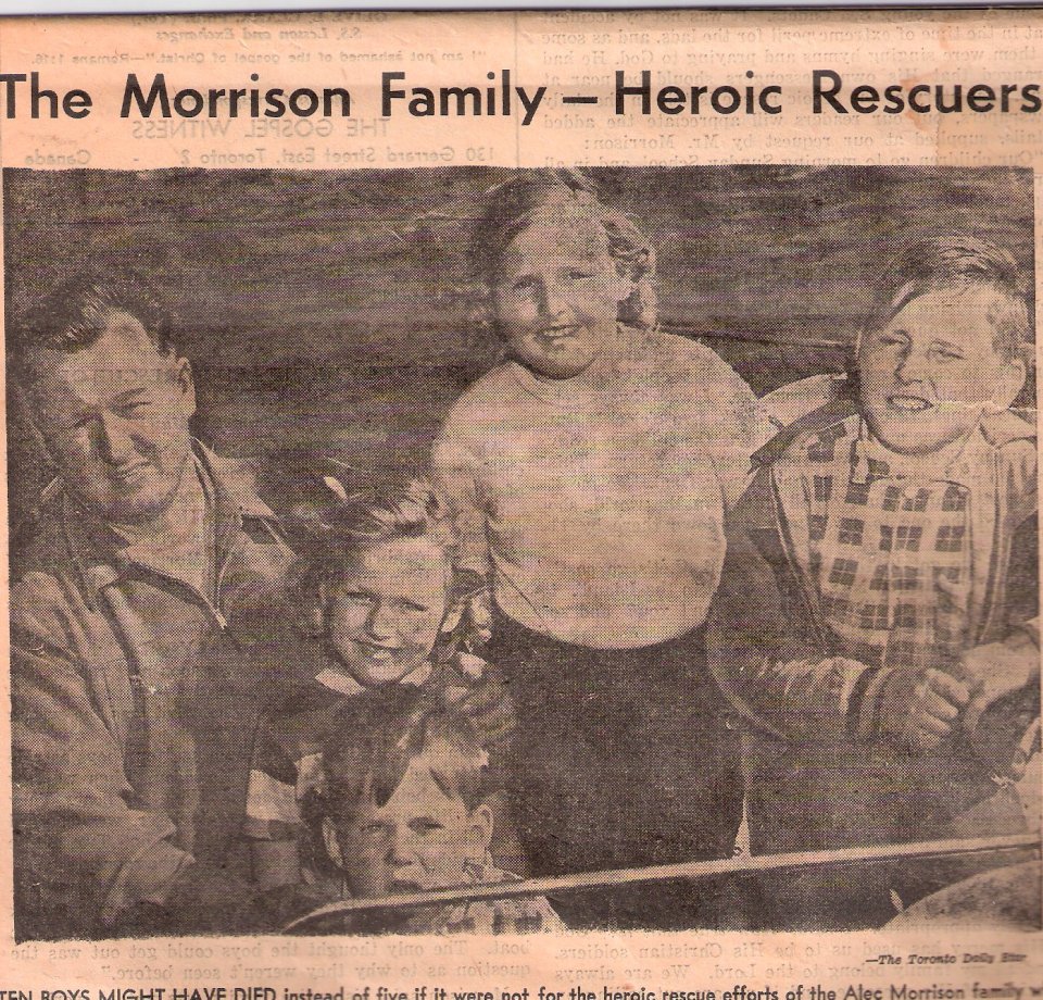 TEN BOYS MIGHT HAVE DIED INSTEAD OF FIVE IF IT WERE NOT FOR THE HEROIC RESCUE EFFORTS OF ALEC MORRISON AND FAMILY. PICTURED ARE MR MORRISON,  JOY 11, SANDY 10, SHARON 7, AND RONNIE 6